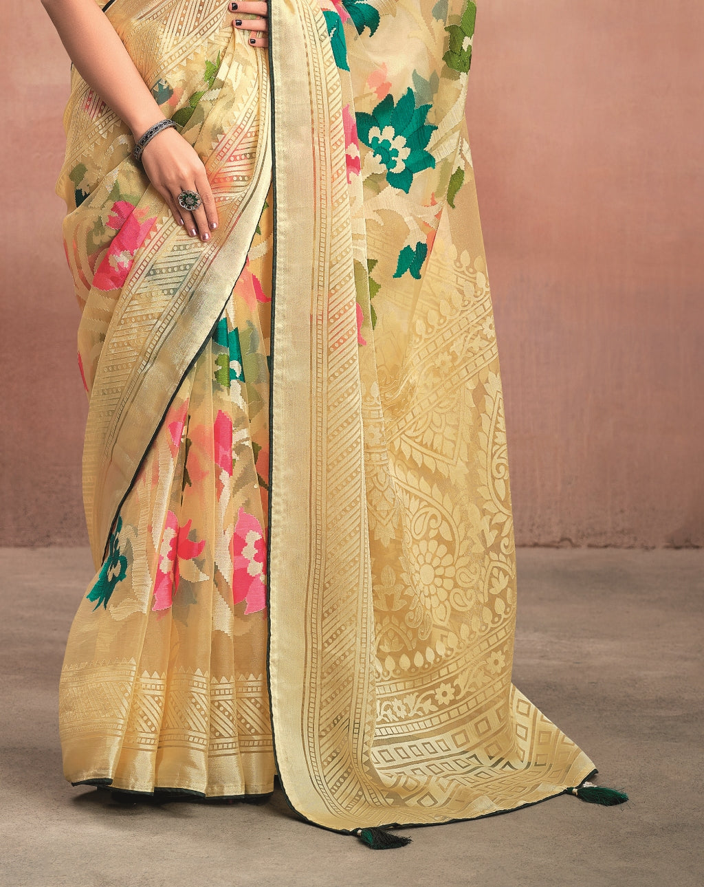 Golden Beige Pure Organza Saree with Digital Print with Heavy Dark Green Embroidered Blouse