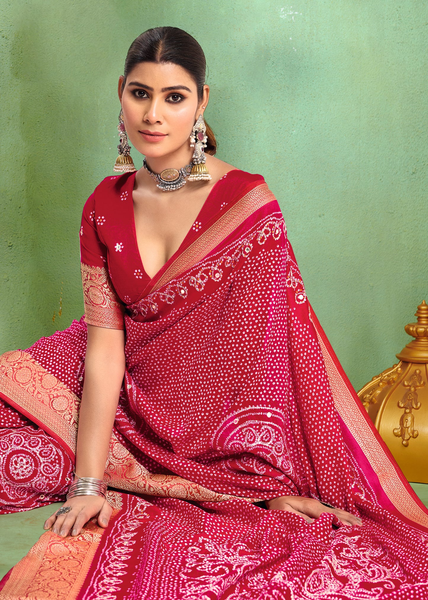 Pure Velvet Tussar Silk Saree with Rani Pink Combination and Elegant Aari Jari Hand Work with Viscose Jackquard Border and Bandhani Tussels