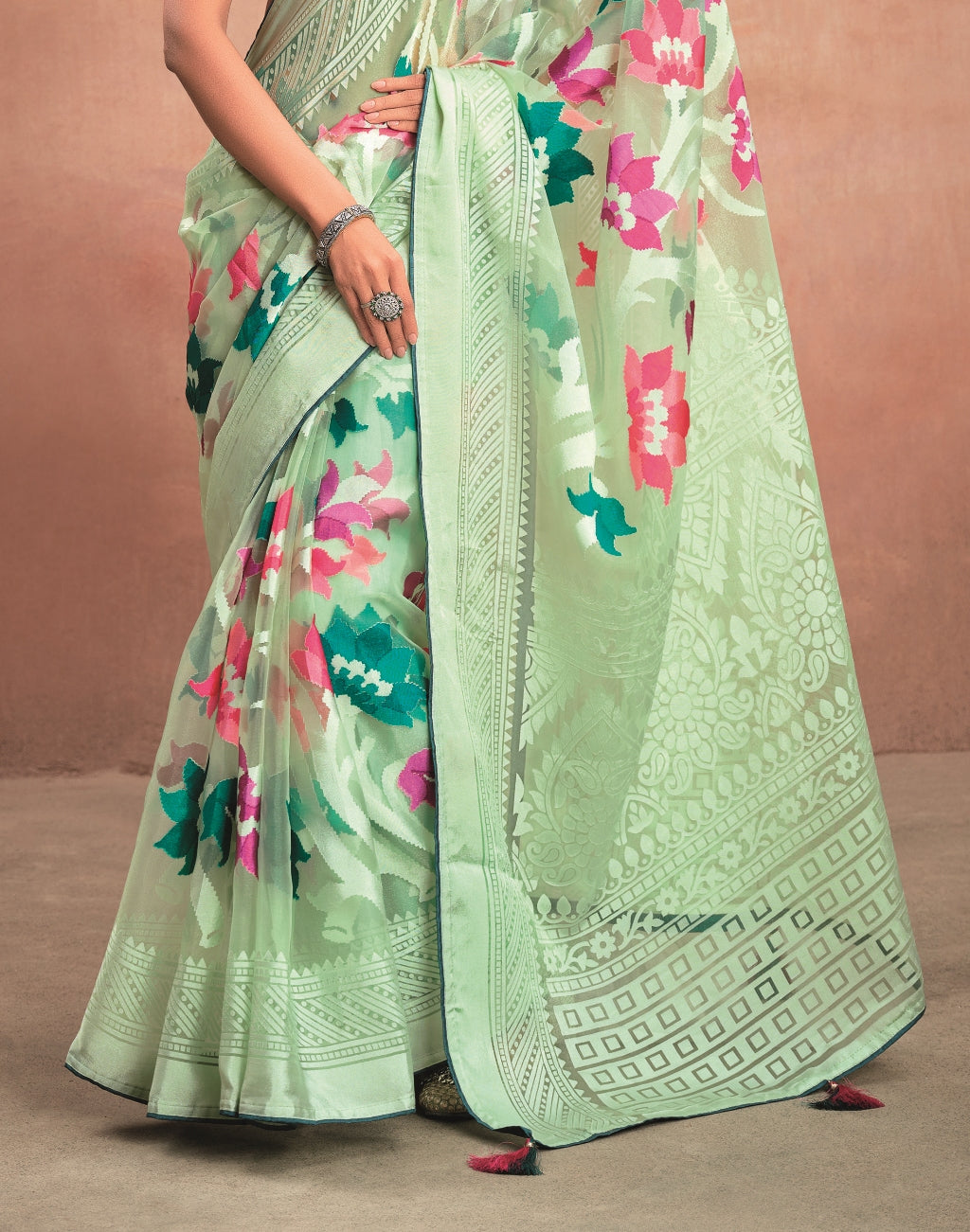 Mint Green Pure Organza Saree with Digital Print and Heavy Dark Green Embroidered Blouse