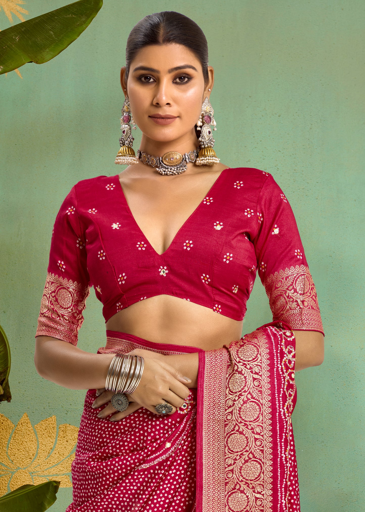 Pure Velvet Tussar Silk Saree with Rani Pink Combination and Elegant Aari Jari Hand Work with Viscose Jackquard Border and Bandhani Tussels