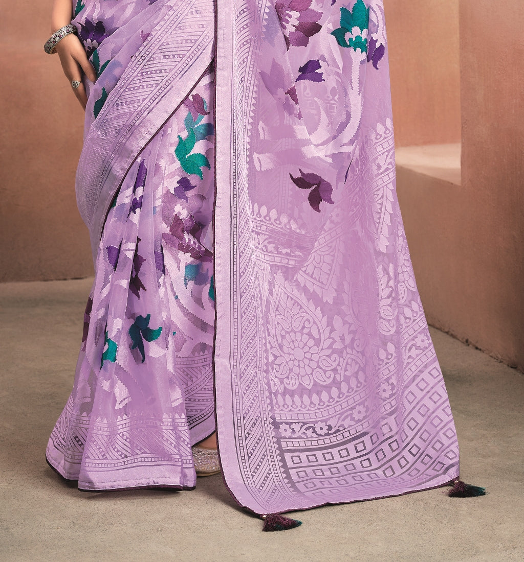 Lavender Pure Organza Saree with Digital Print and Heavy Purple Embroidered Blouse