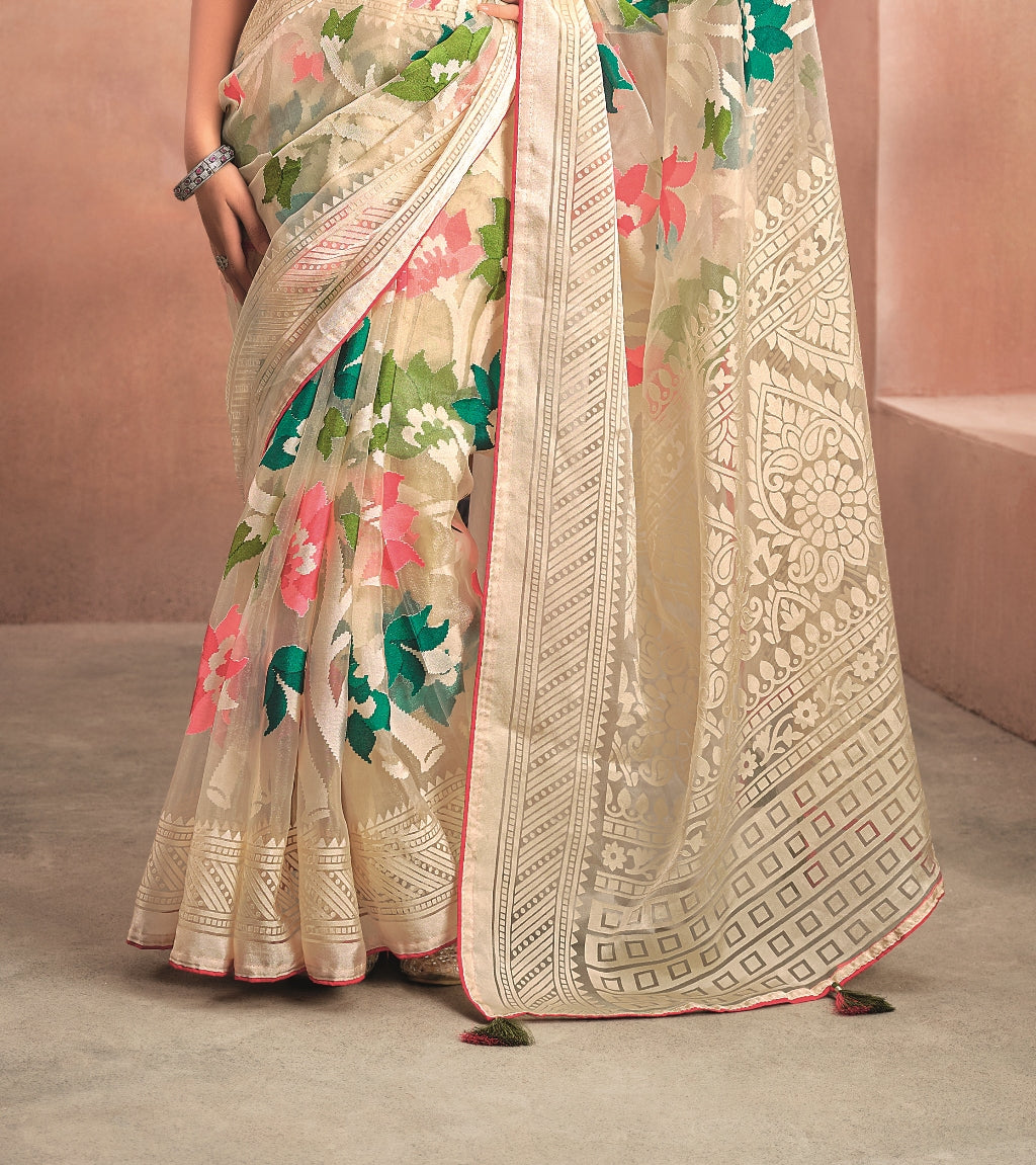 Cream Pure Organza Saree with Digital Print and Heavy Maroon Embroidered Blouse