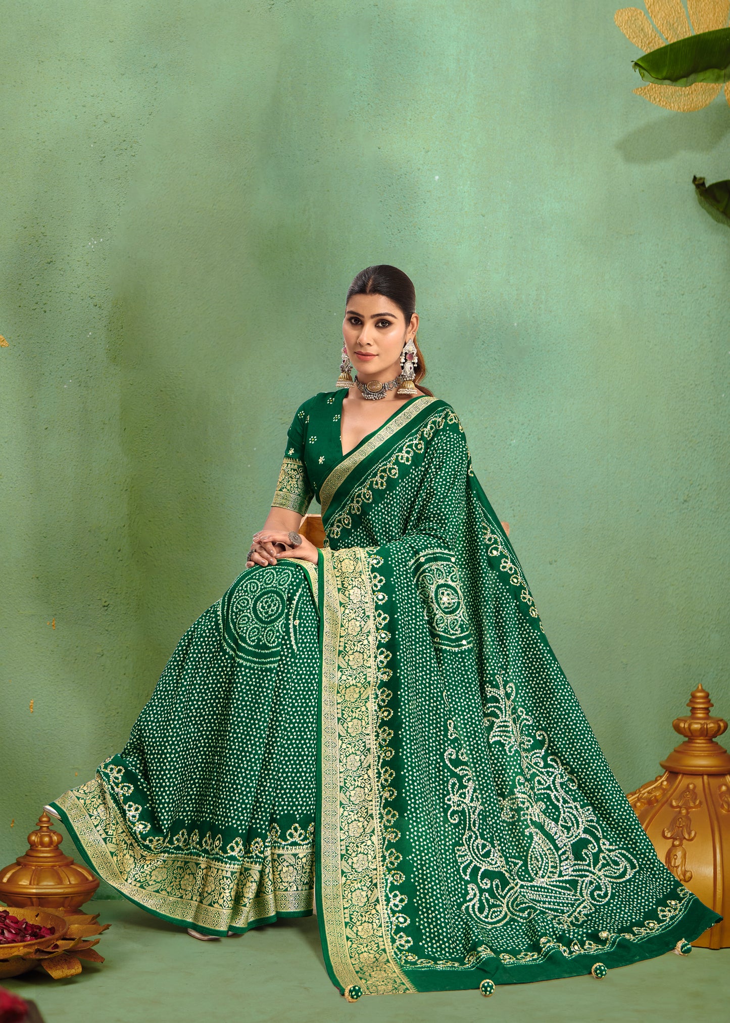 Pure Velvet Tussar Silk Saree with Bottle Green Combination and Elegant Aari Jari Hand Work with Viscose Jackquard Border and Bandhani Tussels