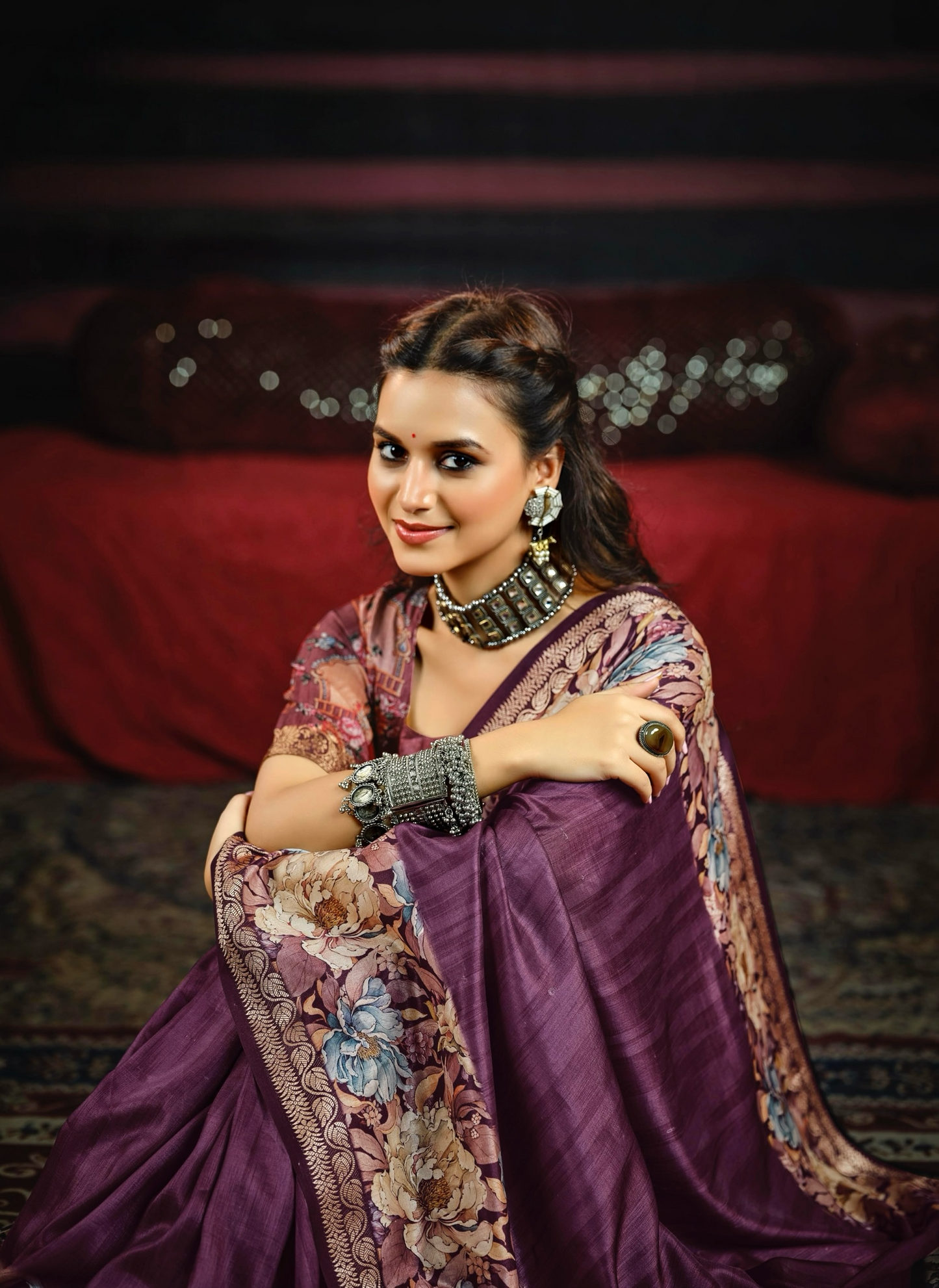 Striking Purple Saree Beautifully Adorned with Large Floral Patterns and a Contrasting Border, Ideal for Festive and Elegant Occasions