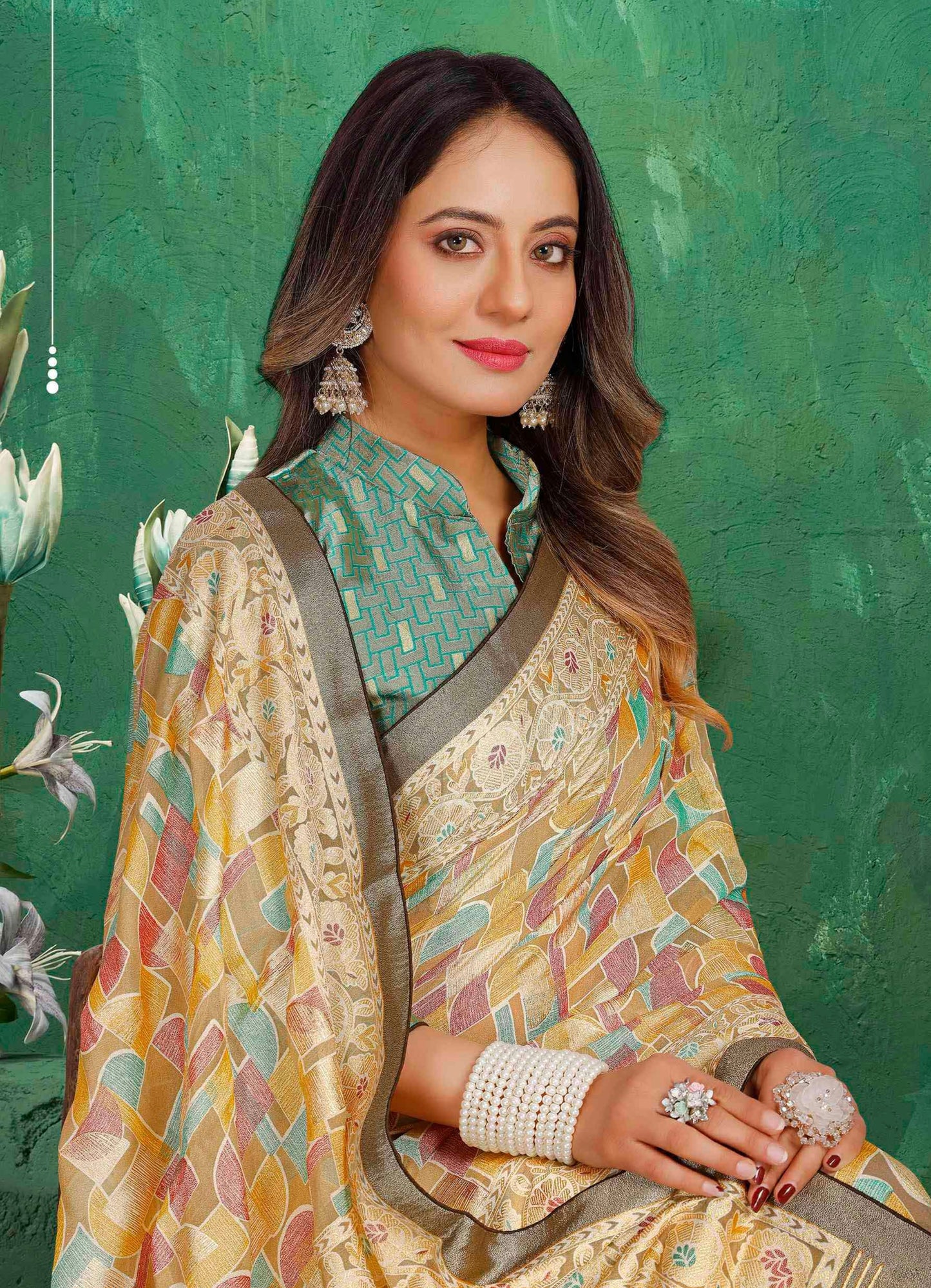 Exclusive Brasso fabric with Beige-Multi-colored Designed with Featuring an Artistic Geometric Print and an Intricate Floral Border Ideal for Festive Gatherings, Weddings, or Elegant Daytime Events.
