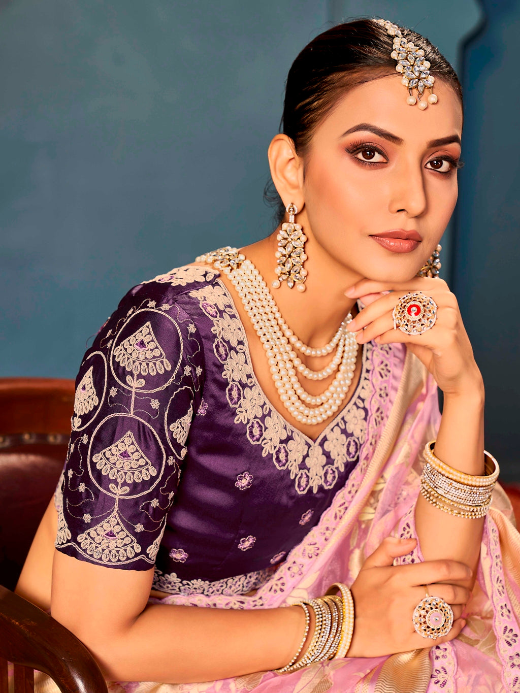 Lavender Pure Organza Saree with Digital Print and Heavy Purple Embroidered Blouse