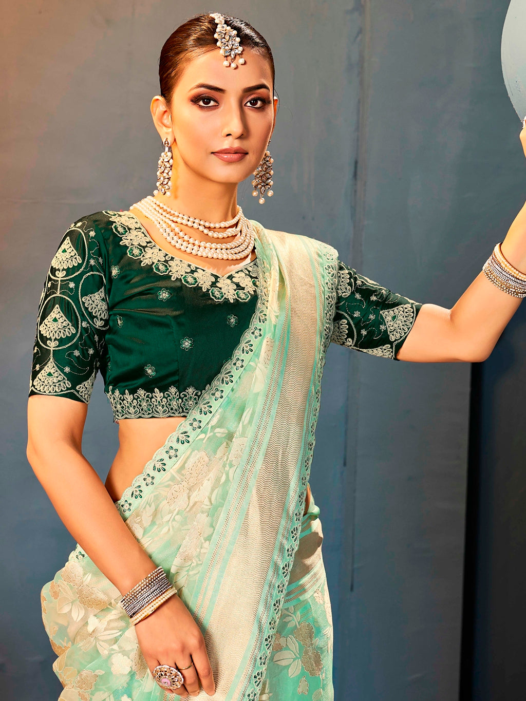 Mint Green Pure Organza Saree with Digital Print and Heavy Dark Green Embroidered Blouse