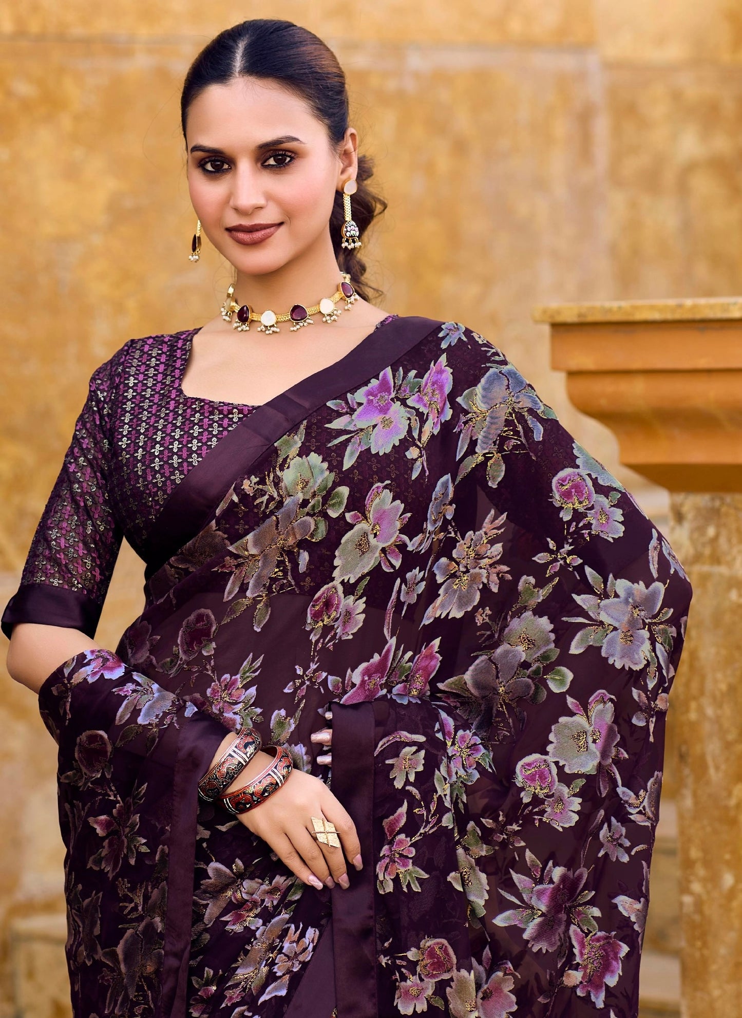Plum Purple Floral Pure Brasso Saree with Solid Border – Premium Festive & Party Wear Saree with Matching Designer Blouse Piece