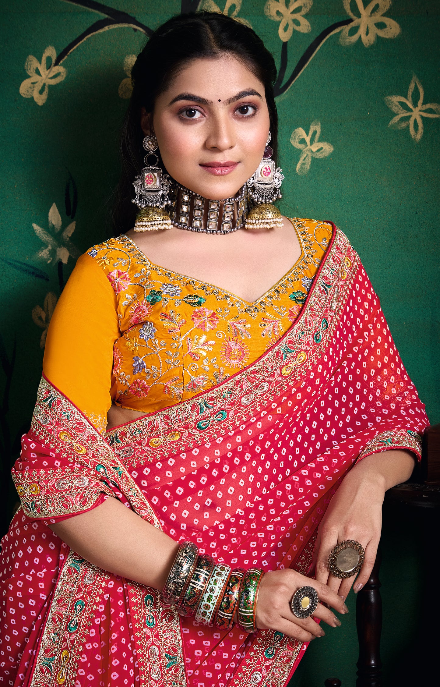 Pure Bamber Georgette Bandhej Saree with Deep Pink Combination and Hand Work Multicolored Zardozi Border with Heavy Contrast Embroidered blouse