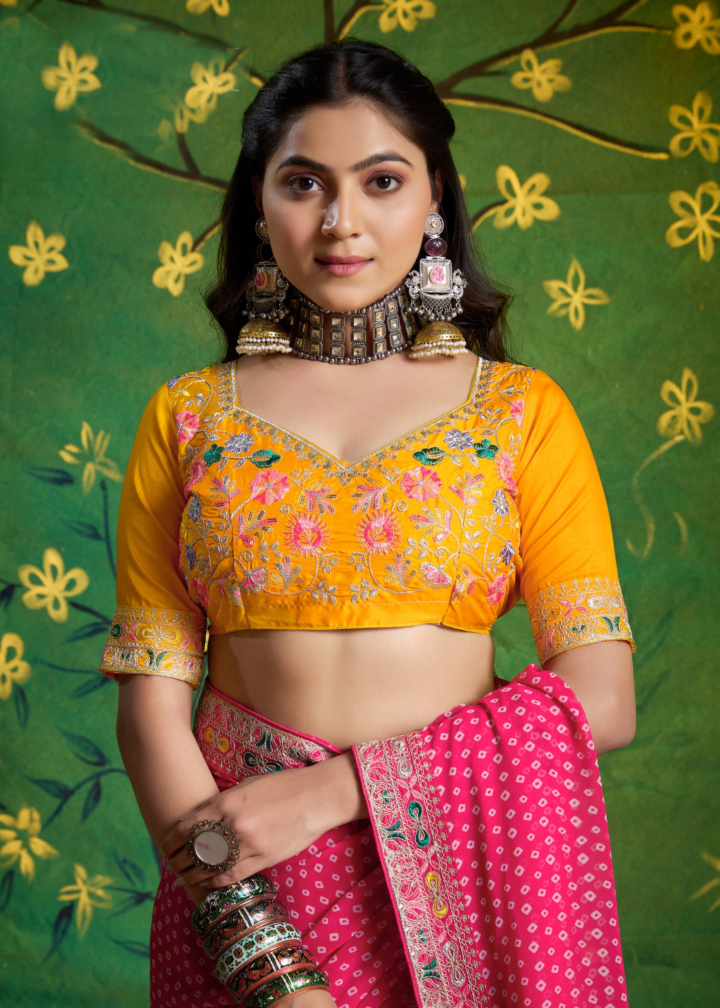 Pure Bamber Georgette Bandhej Saree with Deep Pink Combination and Hand Work Multicolored Zardozi Border with Heavy Contrast Embroidered blouse