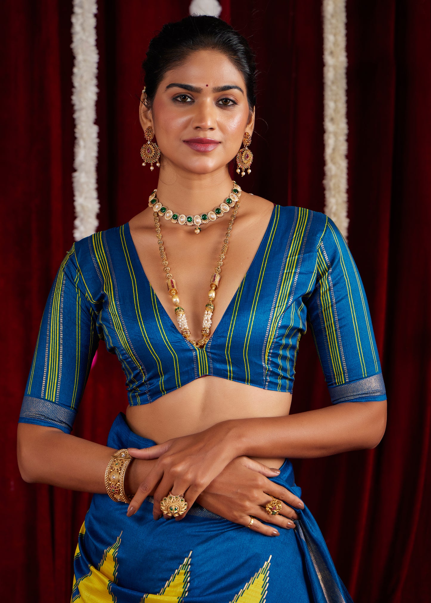 Bright Yellow and Royal Blue Pure Silk Saree with Zigzag and Striped Patterns, Elegant border and Rich Festive Look