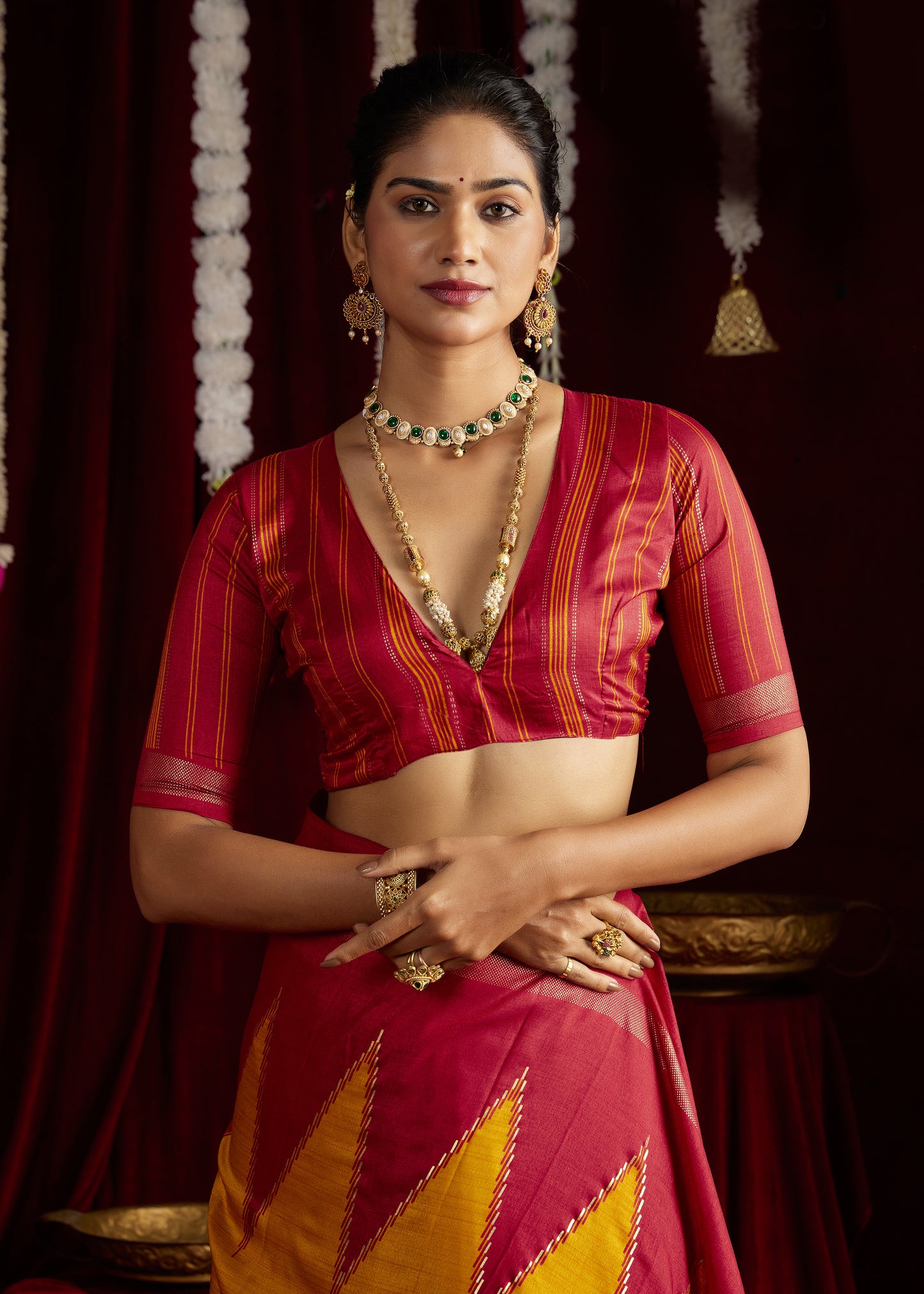 Vibrant Mustard and Striking Maroon Pure Silk Saree with Zigzag and Striped Patterns, Elegant border and Rich Festive Look