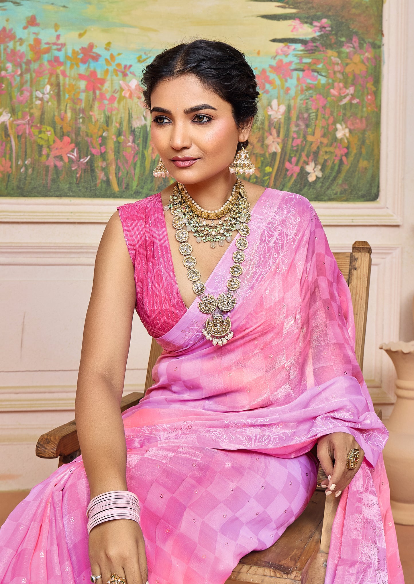 Graceful Pink and Levender Brasso Saree with a Checkered Design and Delicate Embroidery with Heavy Sequence Blouse Perfect for Festive and Special Occasions