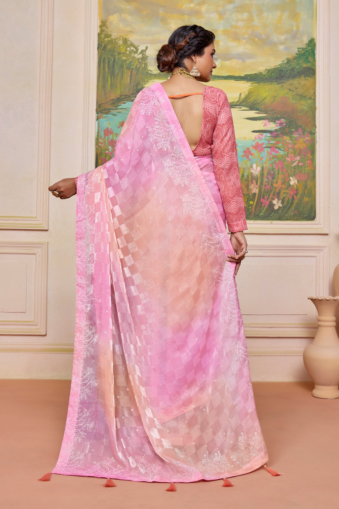 Charming Pink and Peach Brasso Saree with a Checkered Design and Delicate Embroidery with Heavy Sequence Blouse Perfect for Festive and Special Occasions