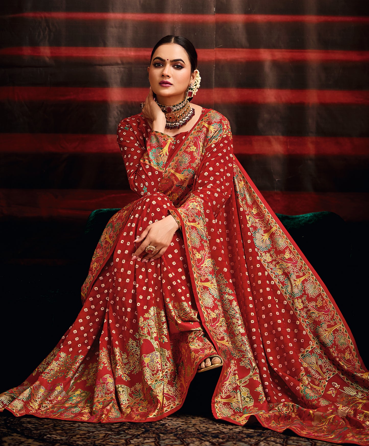 Red Wealvet Tusser Silk fabric with Attractive Kalamkari Hand Painted and Foil Touch with Exclusive Bandhej Print & Grounded Tussels.