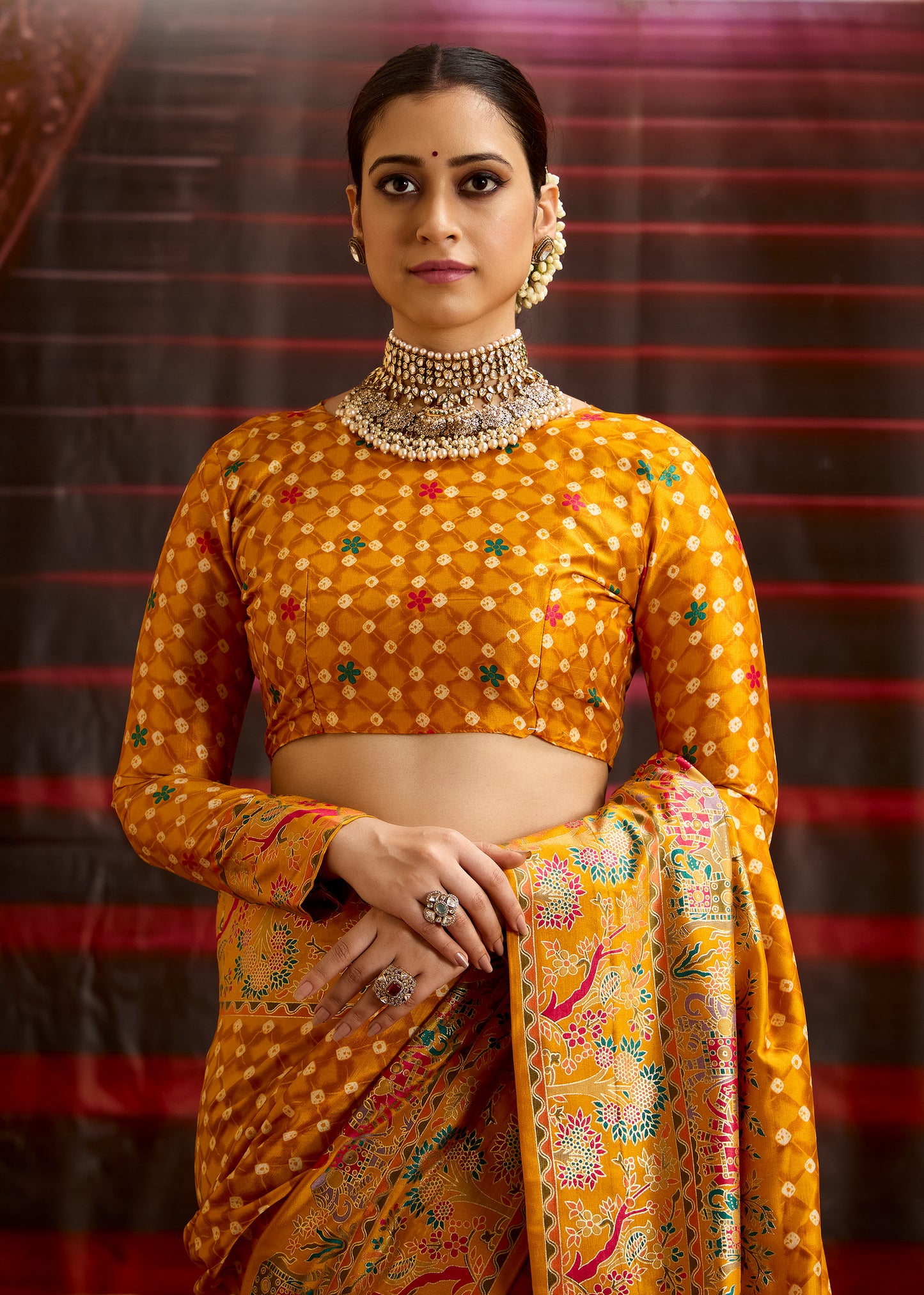Mustard Yellow Wealvet Tusser Silk fabric with Attractive Kalamkari Hand Painted and Foil Touch with Exclusive Bandhej Print & Grounded Tussels.