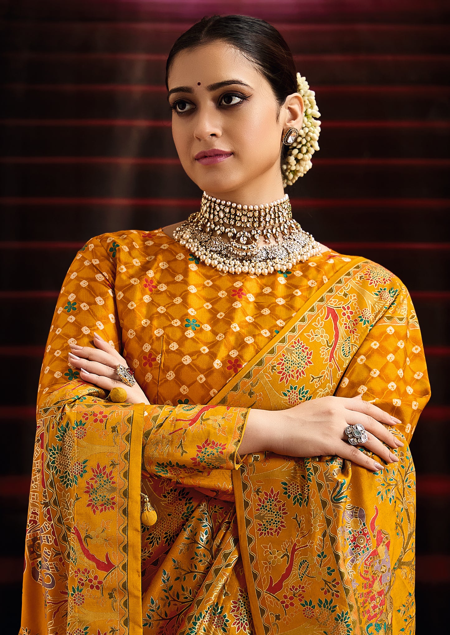 Mustard Yellow Wealvet Tusser Silk fabric with Attractive Kalamkari Hand Painted and Foil Touch with Exclusive Bandhej Print & Grounded Tussels.
