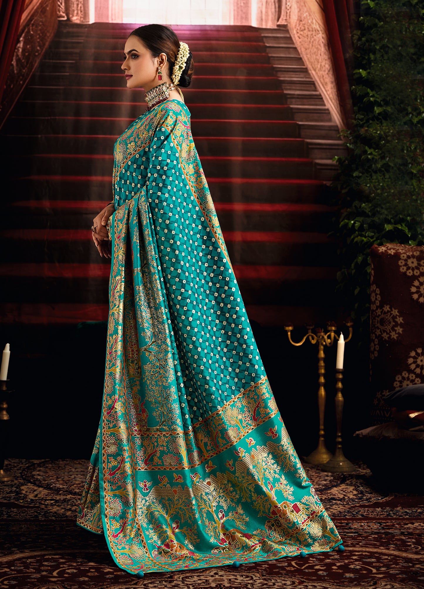 Pacific Blue Wealvet Tusser Silk fabric with Attractive Kalamkari Hand Painted and Foil Touch with Exclusive Bandhej Print & Grounded Tussels.