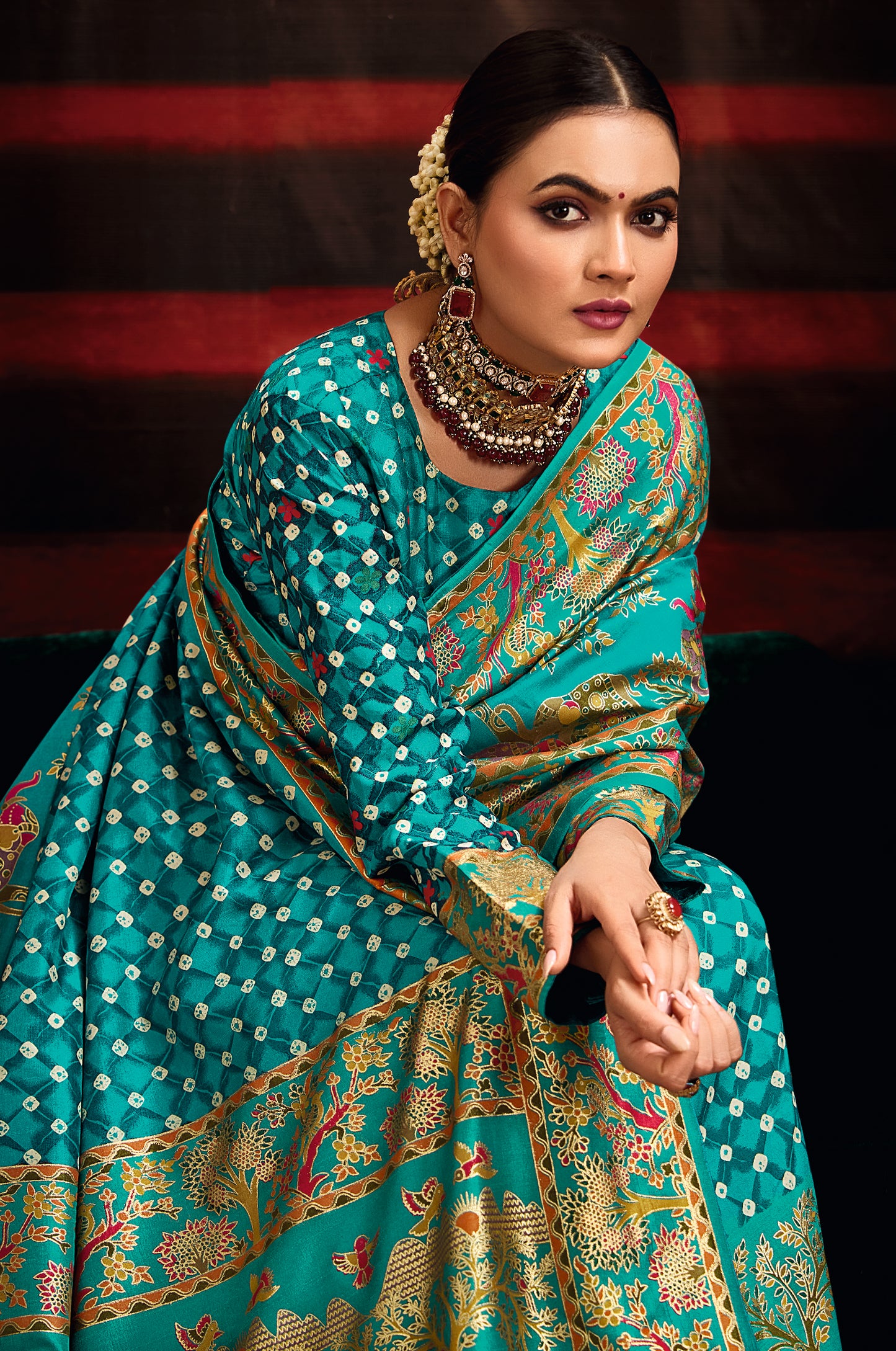 Pacific Blue Wealvet Tusser Silk fabric with Attractive Kalamkari Hand Painted and Foil Touch with Exclusive Bandhej Print & Grounded Tussels.