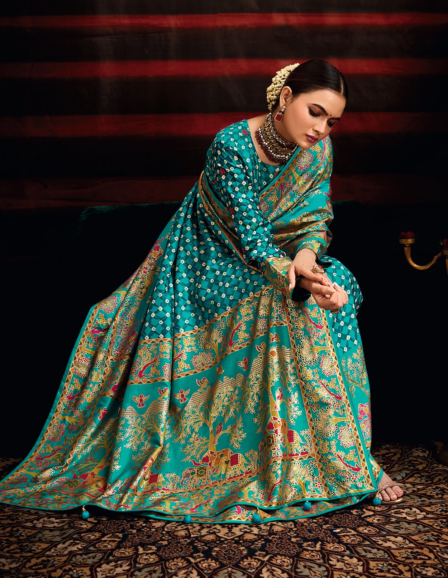 Pacific Blue Wealvet Tusser Silk fabric with Attractive Kalamkari Hand Painted and Foil Touch with Exclusive Bandhej Print & Grounded Tussels.