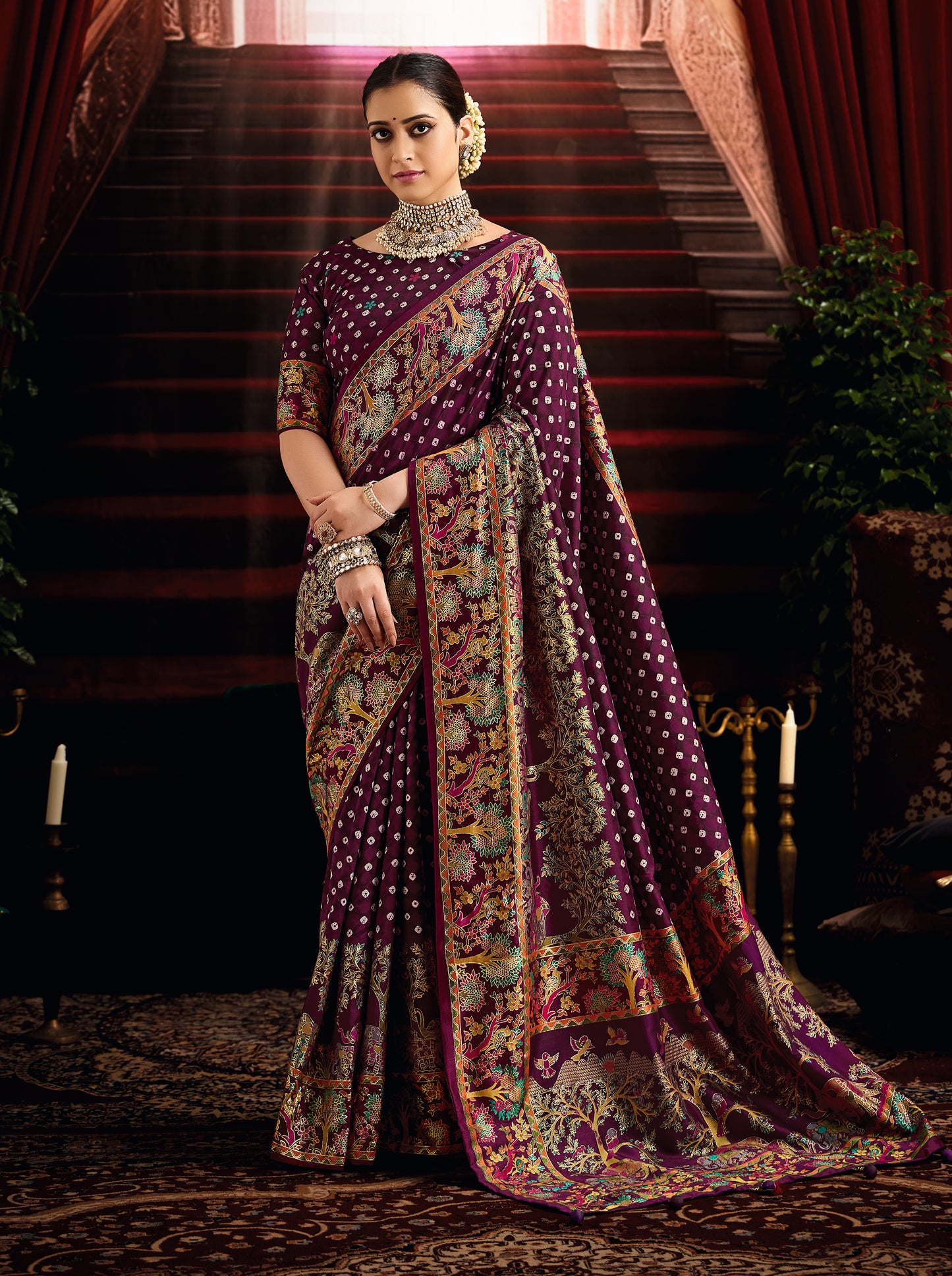 Falsa Purple Wealvet Tusser Silk fabric with Attractive Kalamkari Hand Painted and Foil Touch with Exclusive Bandhej Print & Grounded Tussels.