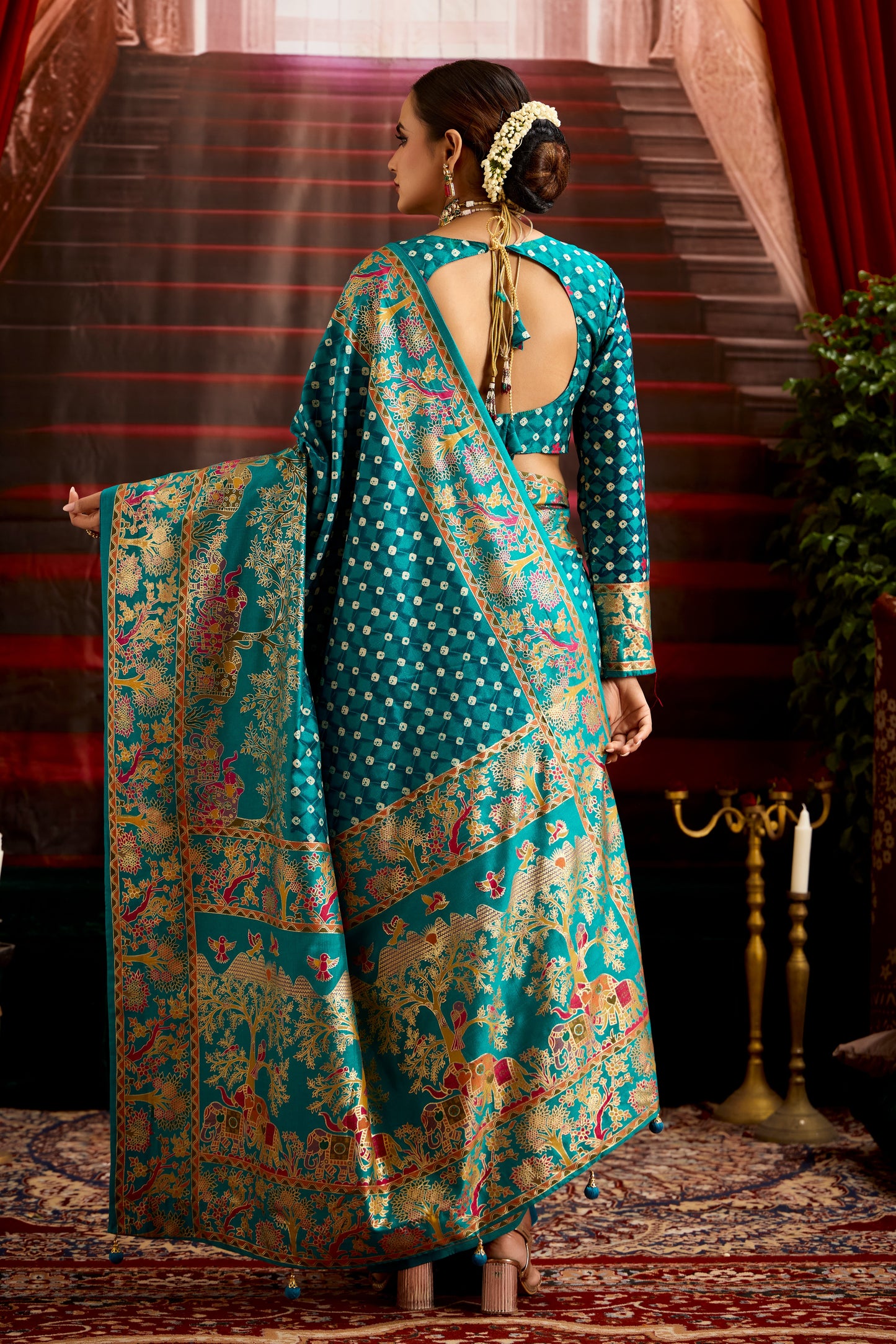 Pacific Blue Wealvet Tusser Silk fabric with Attractive Kalamkari Hand Painted and Foil Touch with Exclusive Bandhej Print & Grounded Tussels.