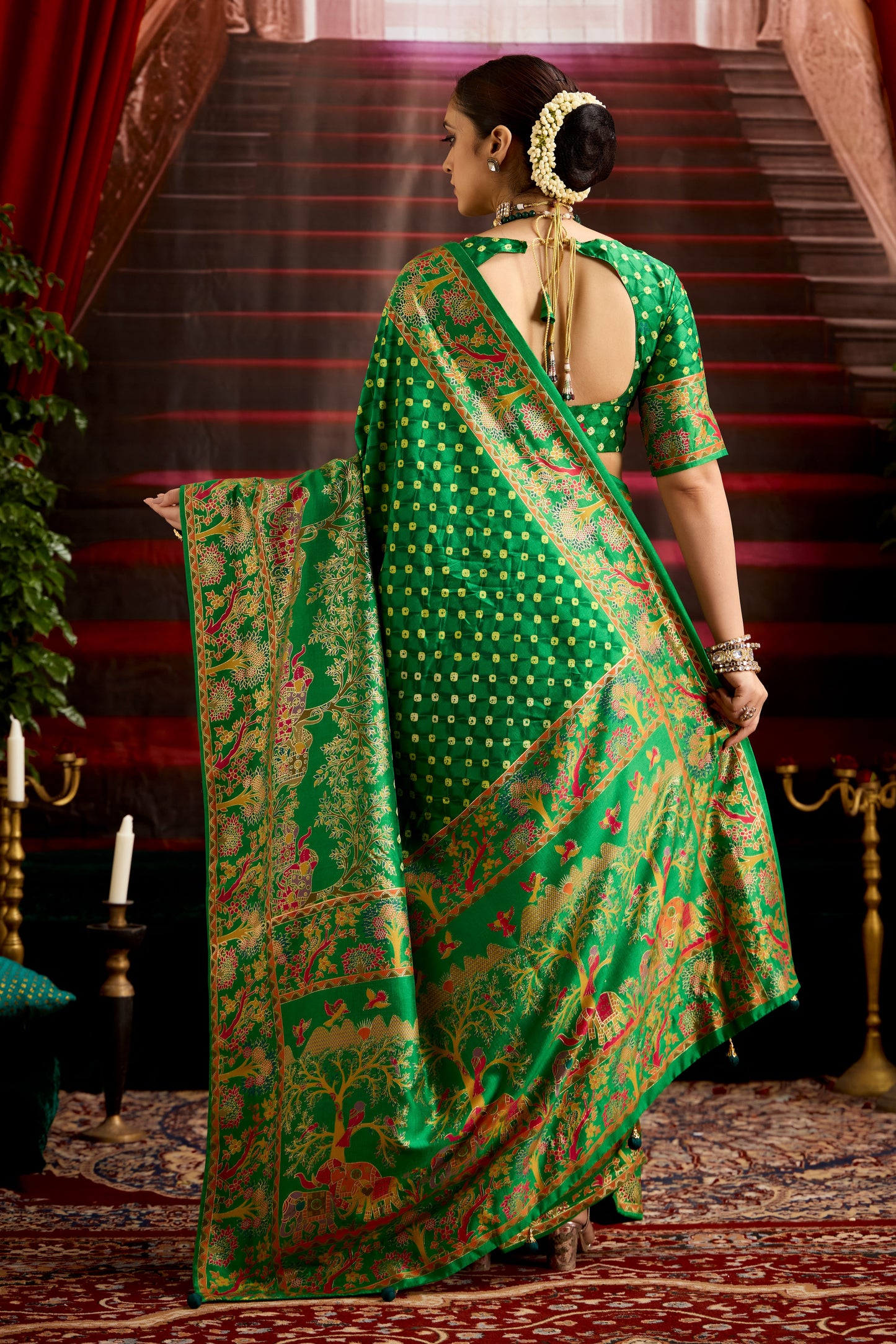 Forest Green Wealvet Tusser Silk fabric with Attractive Kalamkari Hand Painted and Foil Touch with Exclusive Bandhej Print & Grounded Tussels.