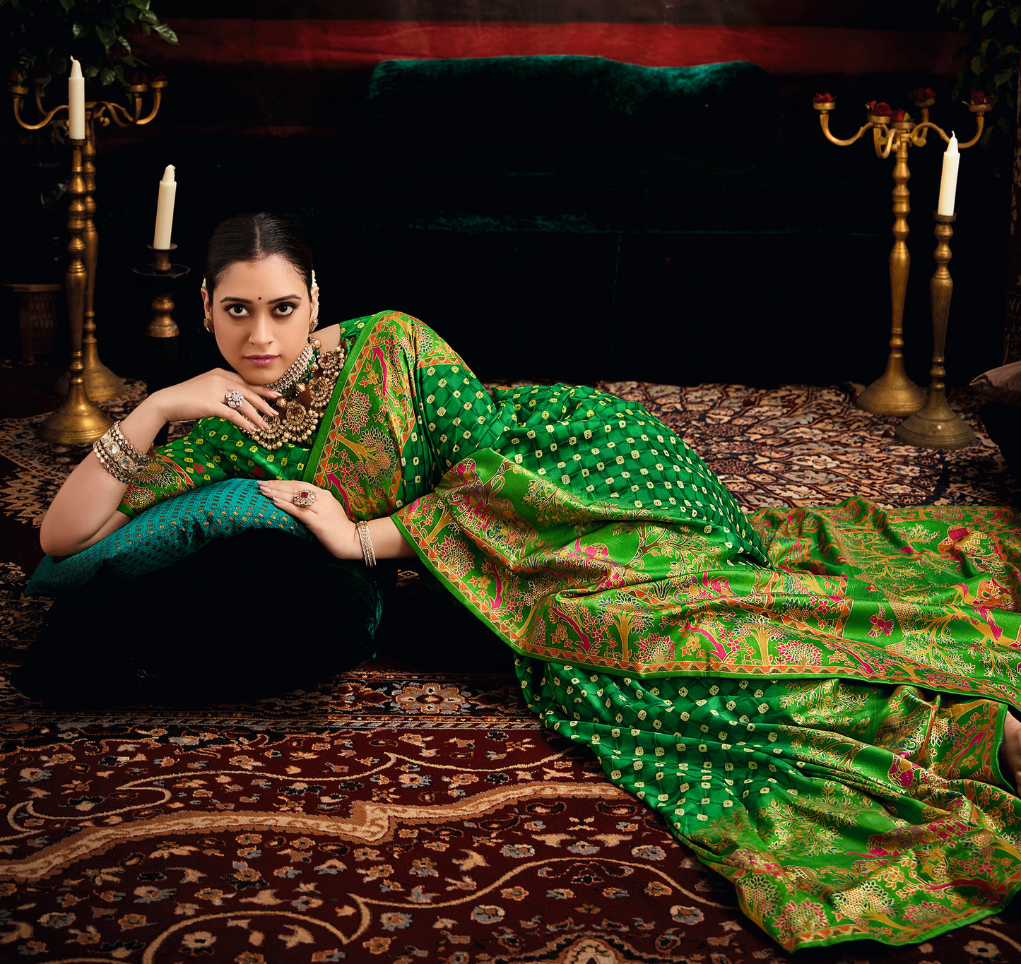 Forest Green Wealvet Tusser Silk fabric with Attractive Kalamkari Hand Painted and Foil Touch with Exclusive Bandhej Print & Grounded Tussels.