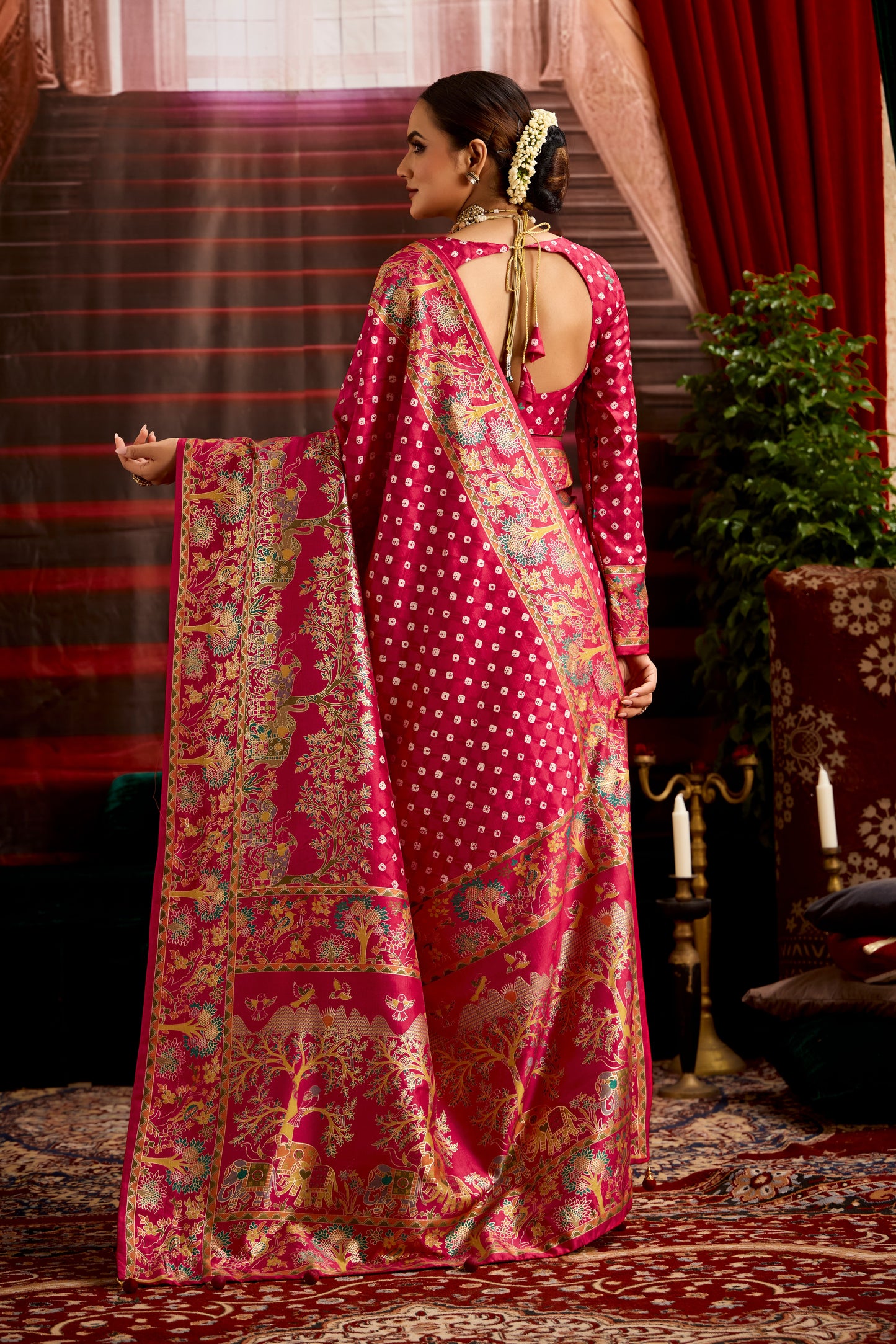 Rani Pink Wealvet Tusser Silk fabric with Attractive Kalamkari Hand Painted and Foil Touch with Exclusive Bandhej Print & Grounded Tussels.