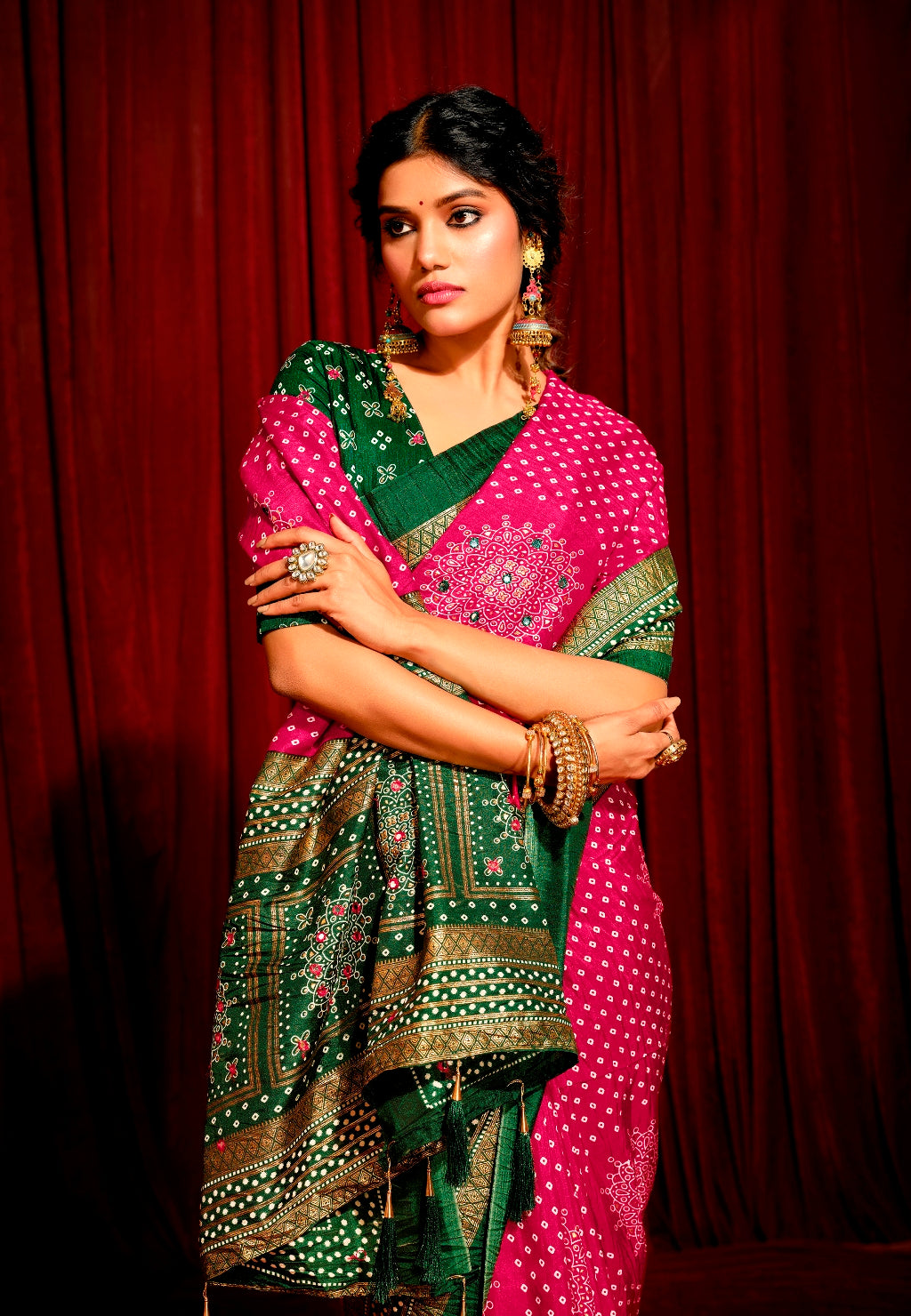 Magenta with Basil Green Combination Pure Crush Patola Silk Designer Look Saree with Mirror and Zari Work