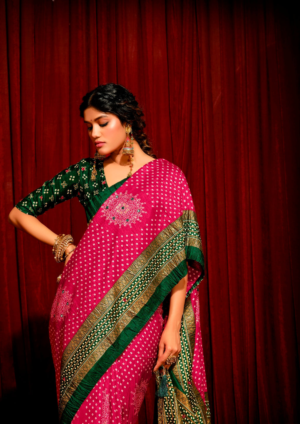 Magenta with Basil Green Combination Pure Crush Patola Silk Designer Look Saree with Mirror and Zari Work