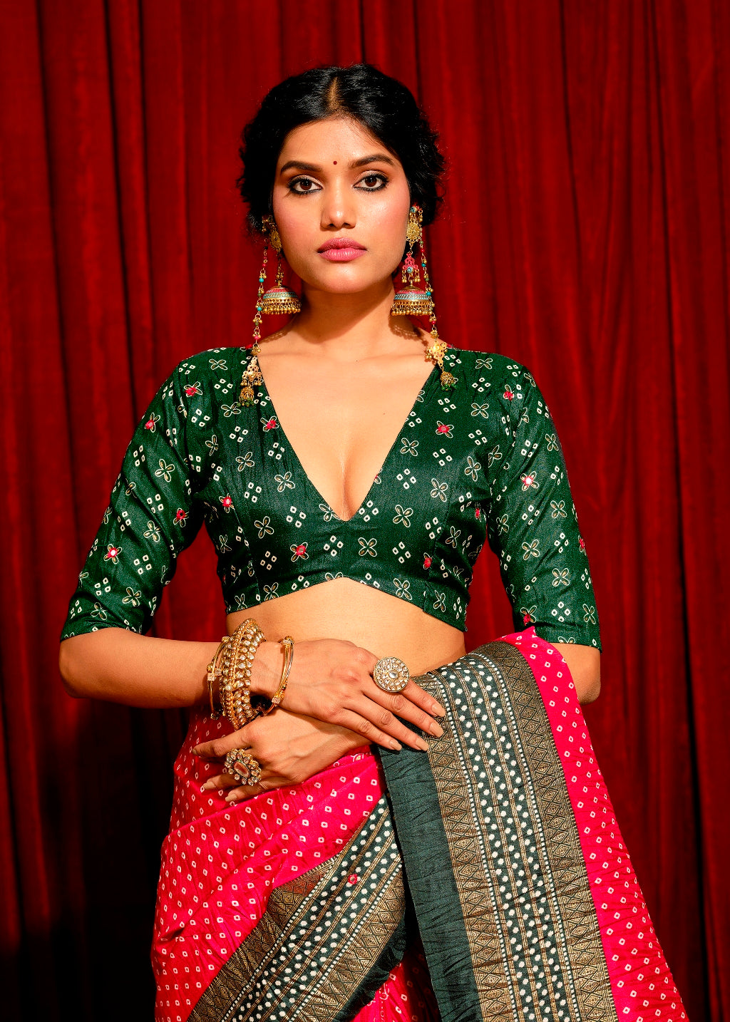 Exclusive Red with Dark Green Combination Pure Crush Patola Silk Designer Look Saree with Mirror and Zari Work