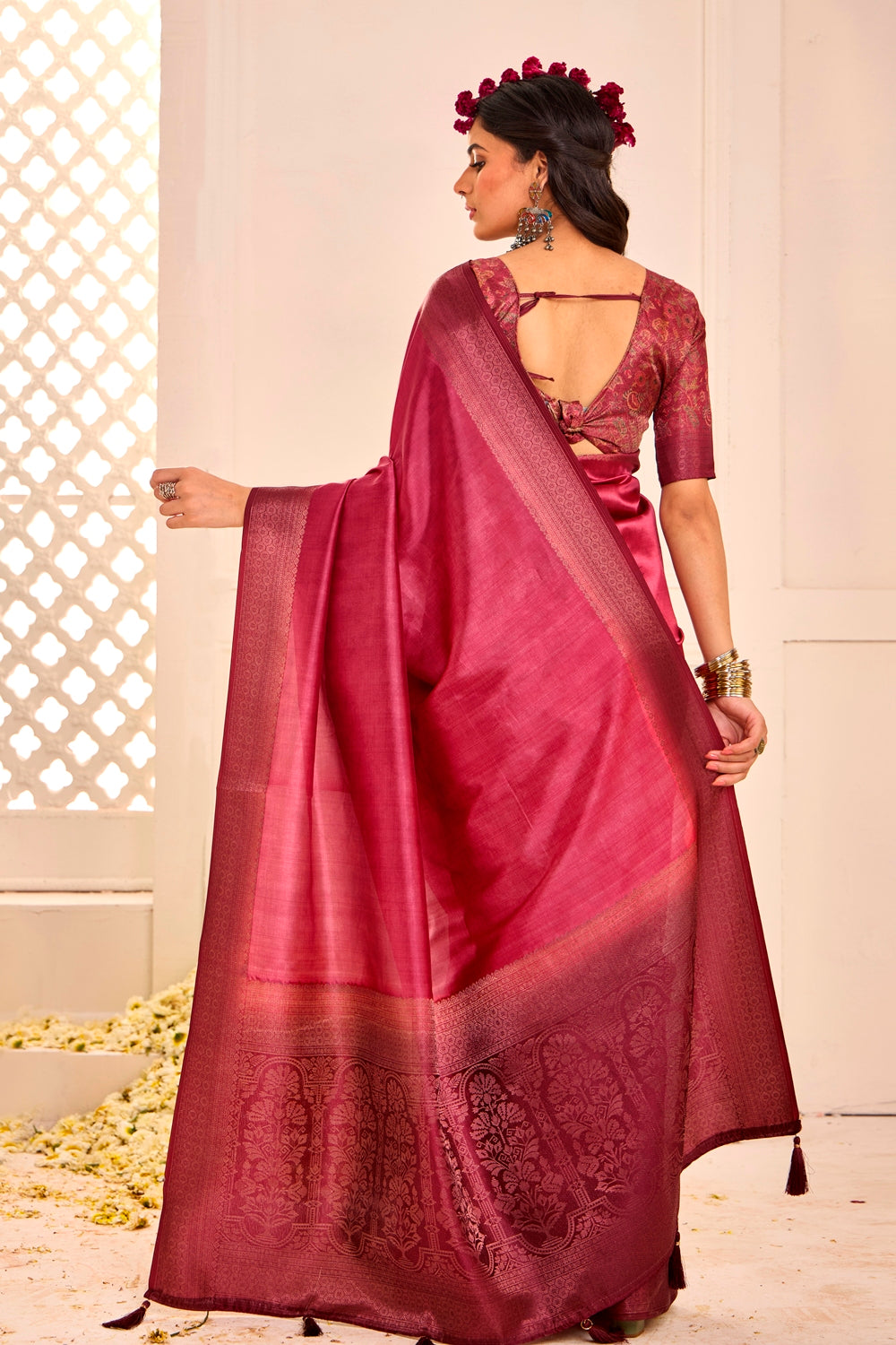 Pure Tusser Silk Fire Brick Red ShadedCombination with Weaving Zari Border Designer Look Saree