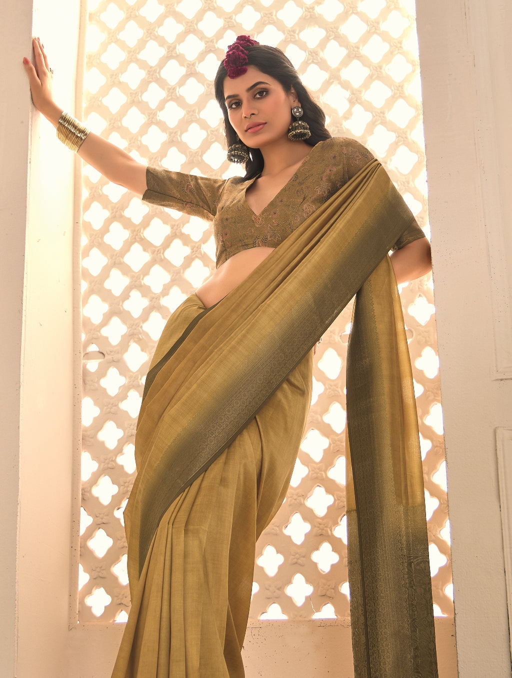 Pure Tusser Silk Sandstone Yellow Shaded Combination with Weaving Zari Border Designer Look Saree