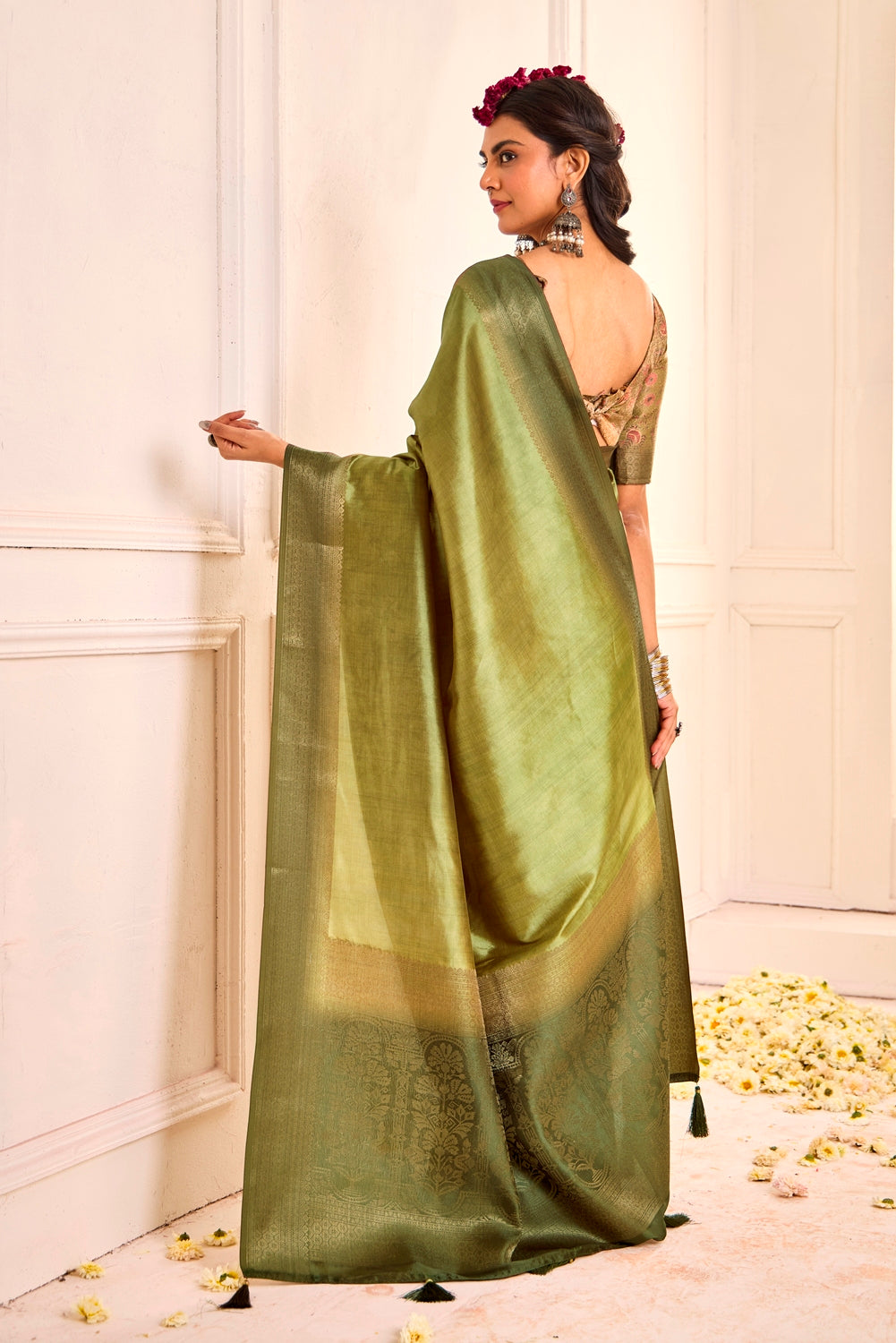 Pure Tusser Silk Dark Olive Green Shaded Combination with Weaving Zari Border Designer Look Saree