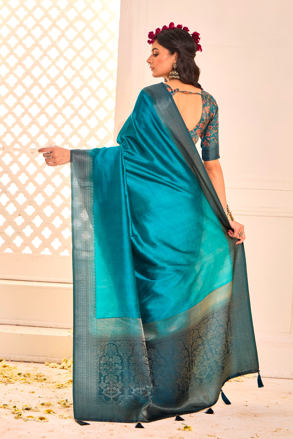 Pure Tusser Silk Dark Sky Shaded Combination with Weaving Zari Border Designer Look Saree