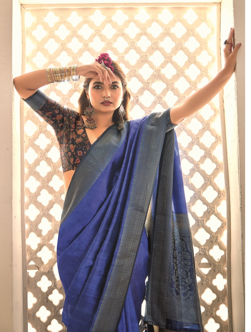 Pure Tusser Silk Royal Blue Shaded Combination with Weaving Zari Border Designer Look Saree