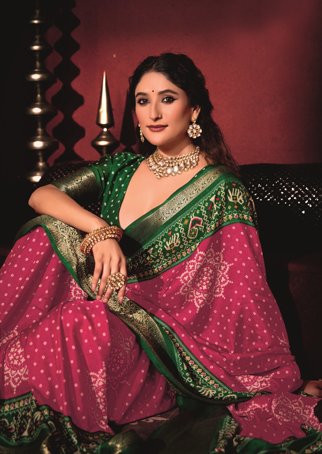 Pure Silk fabric with Magenta Pink and Dark Green Dual color Combination of Exclusive Bandhej print with Rich Look Jacquard Border Exclusive Look Saree