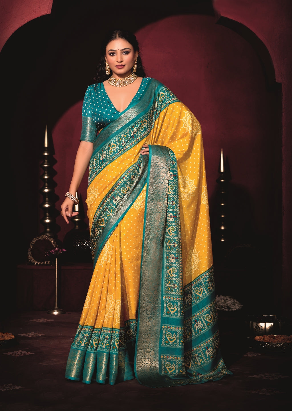Pure Silk fabric with Lemon Yellow and Turquoise Blue Dual color Combination of Exclusive Bandhej print with Rich Look Jacquard Border Exclusive Look Saree