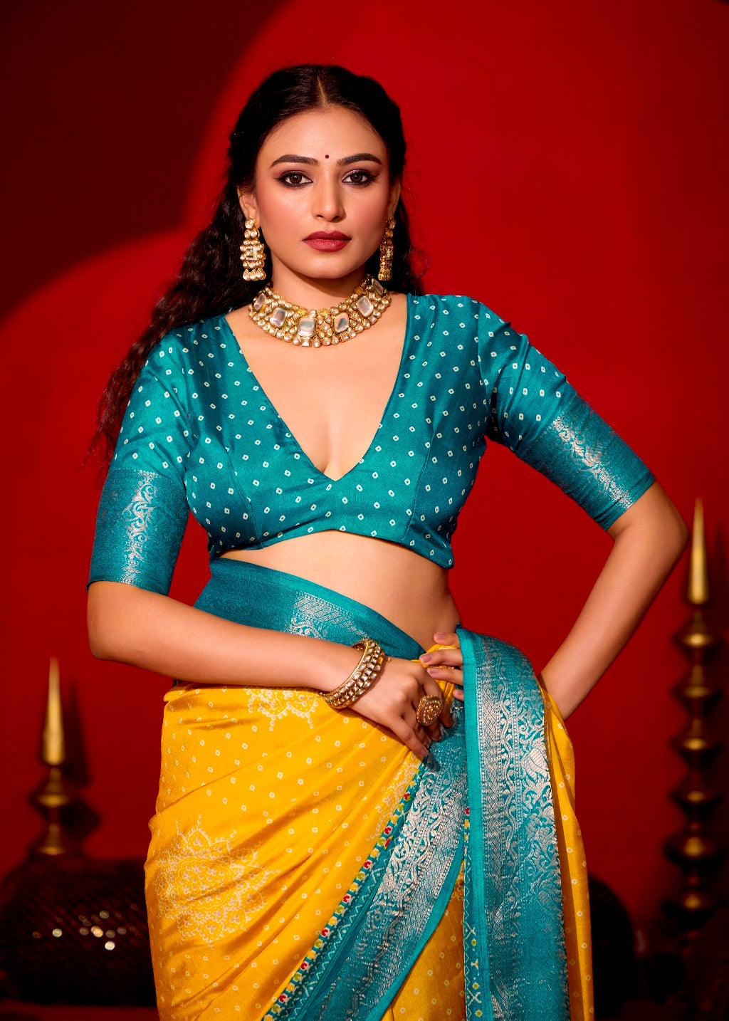 Pure Silk fabric with Lemon Yellow and Turquoise Blue Dual color Combination of Exclusive Bandhej print with Rich Look Jacquard Border Exclusive Look Saree