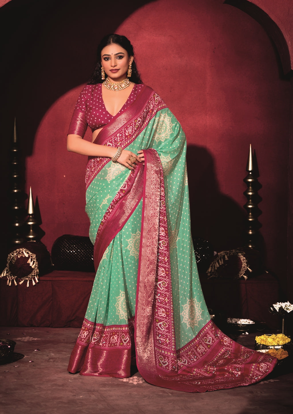Pure Silk fabric with Exclusive Light Sea Green and Magenta Dual color Combination of Exclusive Bandhej print with Rich Look Jacquard Border Exclusive Look Saree