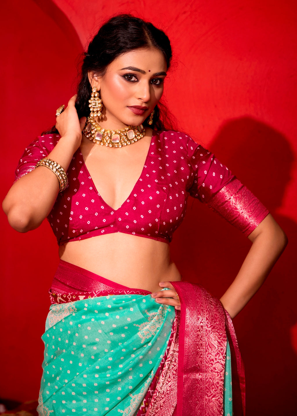 Pure Silk fabric with Exclusive Light Sea Green and Magenta Dual color Combination of Exclusive Bandhej print with Rich Look Jacquard Border Exclusive Look Saree
