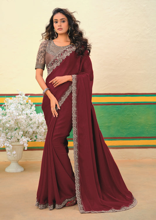 Maroon Girlish Look Saree with a Heavy Blouse and Heavy Border