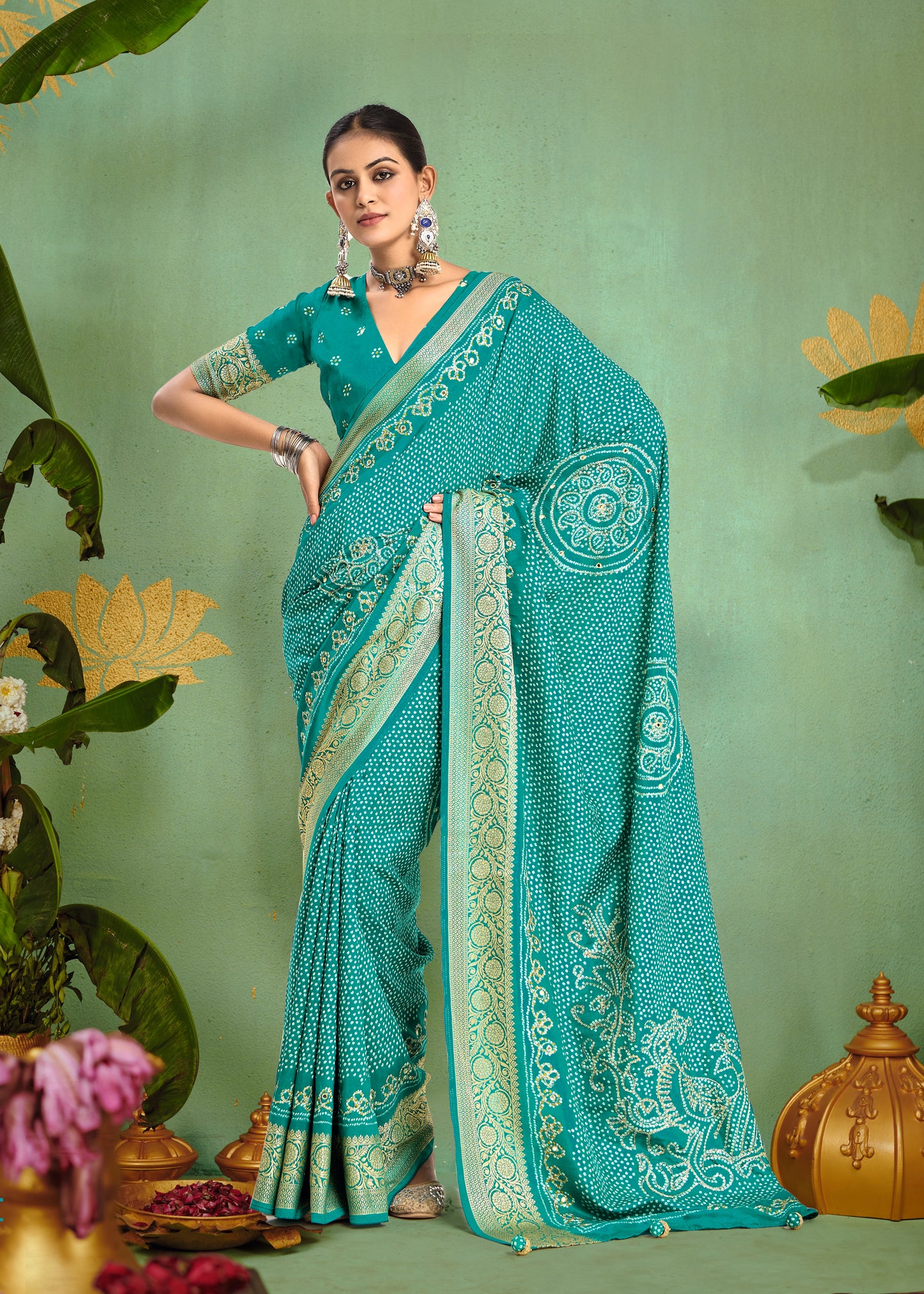 Sky Blue Pure Velvet Tussar Silk Designer Look Saree with Elegant Aari Jari Hand Work with Viscose Jackquard Border and Bandhani Tussels