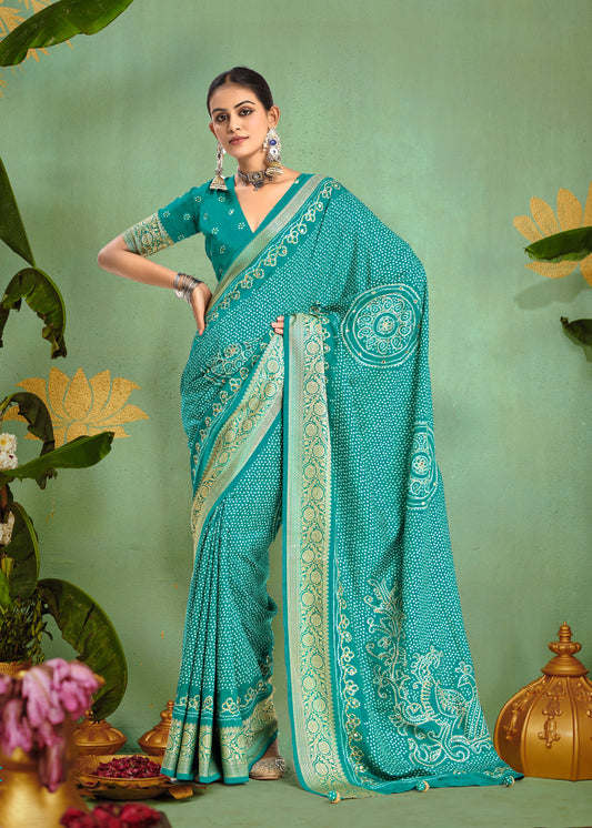 Sky Blue Pure Velvet Tussar Silk Designer Look Saree with Elegant Aari Jari Hand Work with Viscose Jackquard Border and Bandhani Tussels