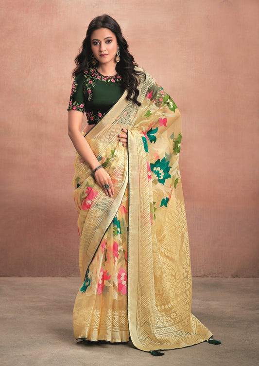 Golden Beige Pure Organza Saree with Digital Print with Heavy Dark Green Embroidered Blouse