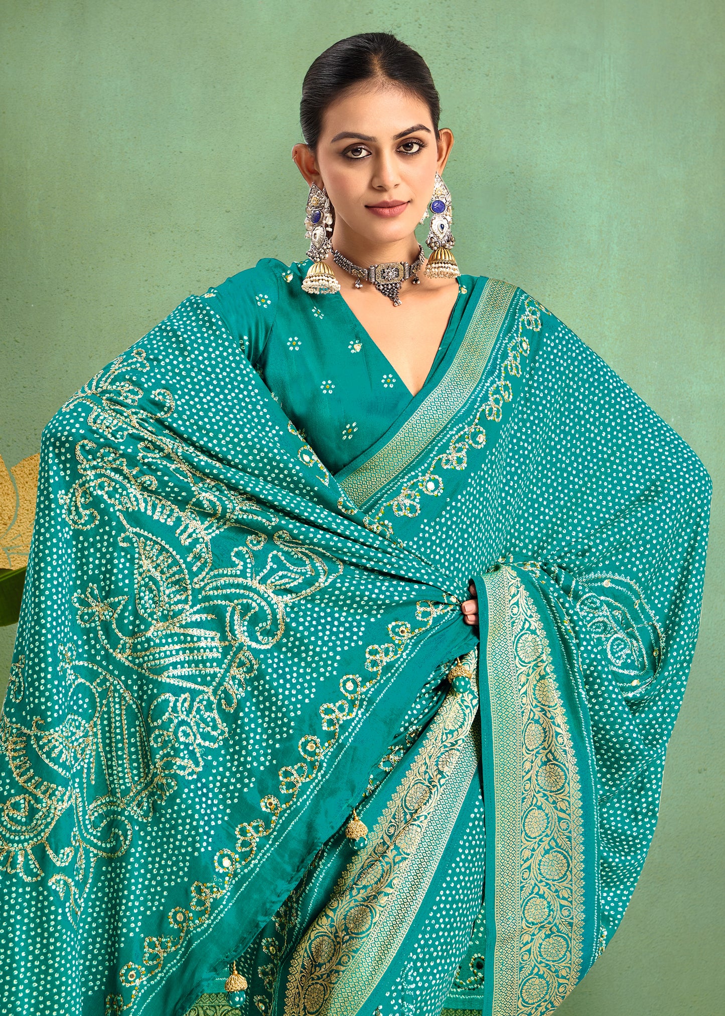 Sky Blue Pure Velvet Tussar Silk Designer Look Saree with Elegant Aari Jari Hand Work with Viscose Jackquard Border and Bandhani Tussels
