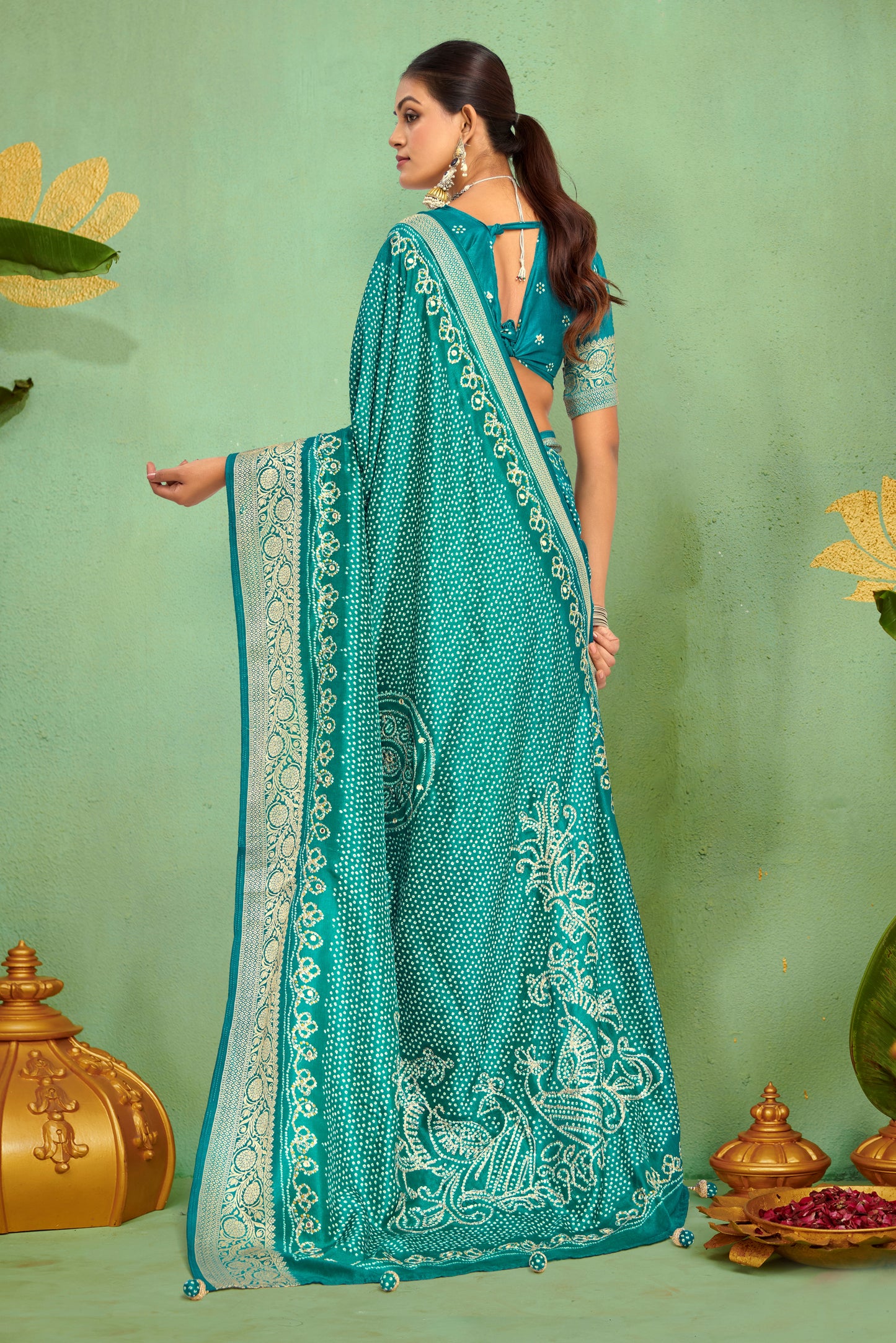 Sky Blue Pure Velvet Tussar Silk Designer Look Saree with Elegant Aari Jari Hand Work with Viscose Jackquard Border and Bandhani Tussels