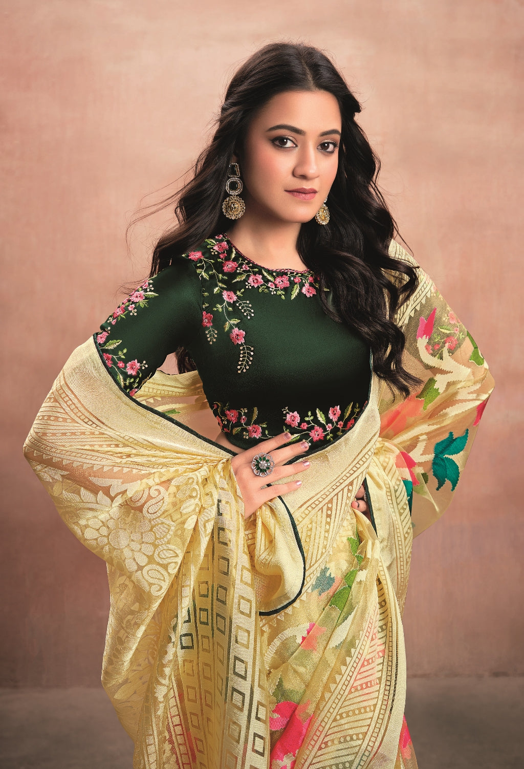 Golden Beige Pure Organza Saree with Digital Print with Heavy Dark Green Embroidered Blouse