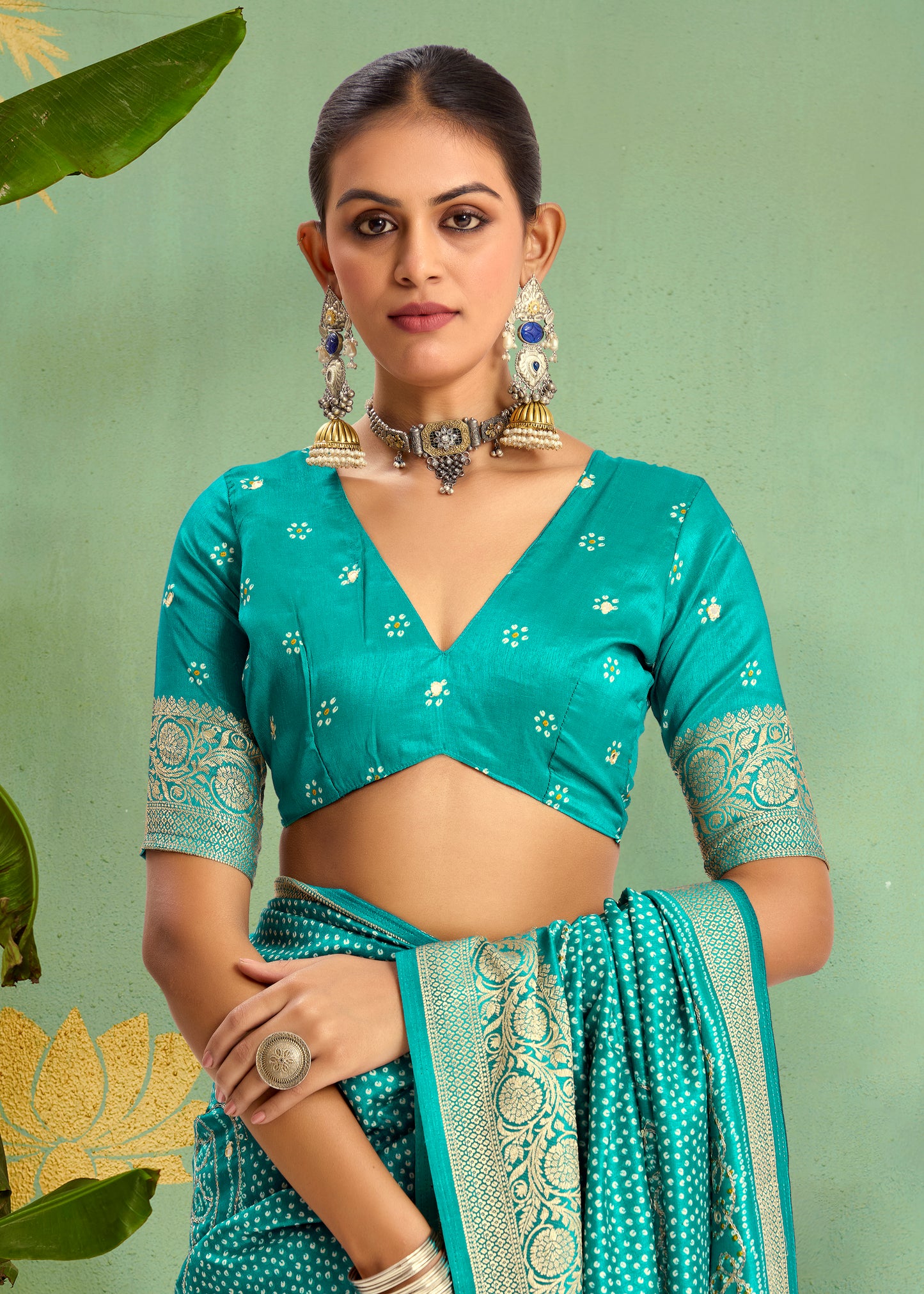 Sky Blue Pure Velvet Tussar Silk Designer Look Saree with Elegant Aari Jari Hand Work with Viscose Jackquard Border and Bandhani Tussels